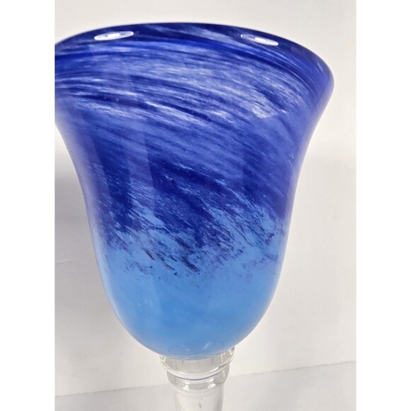 Hand Blown Stemmed Wine Glasses Goblets Cobalt Blue Two Tone Swirl Set of 2 - Picture 3 of 5